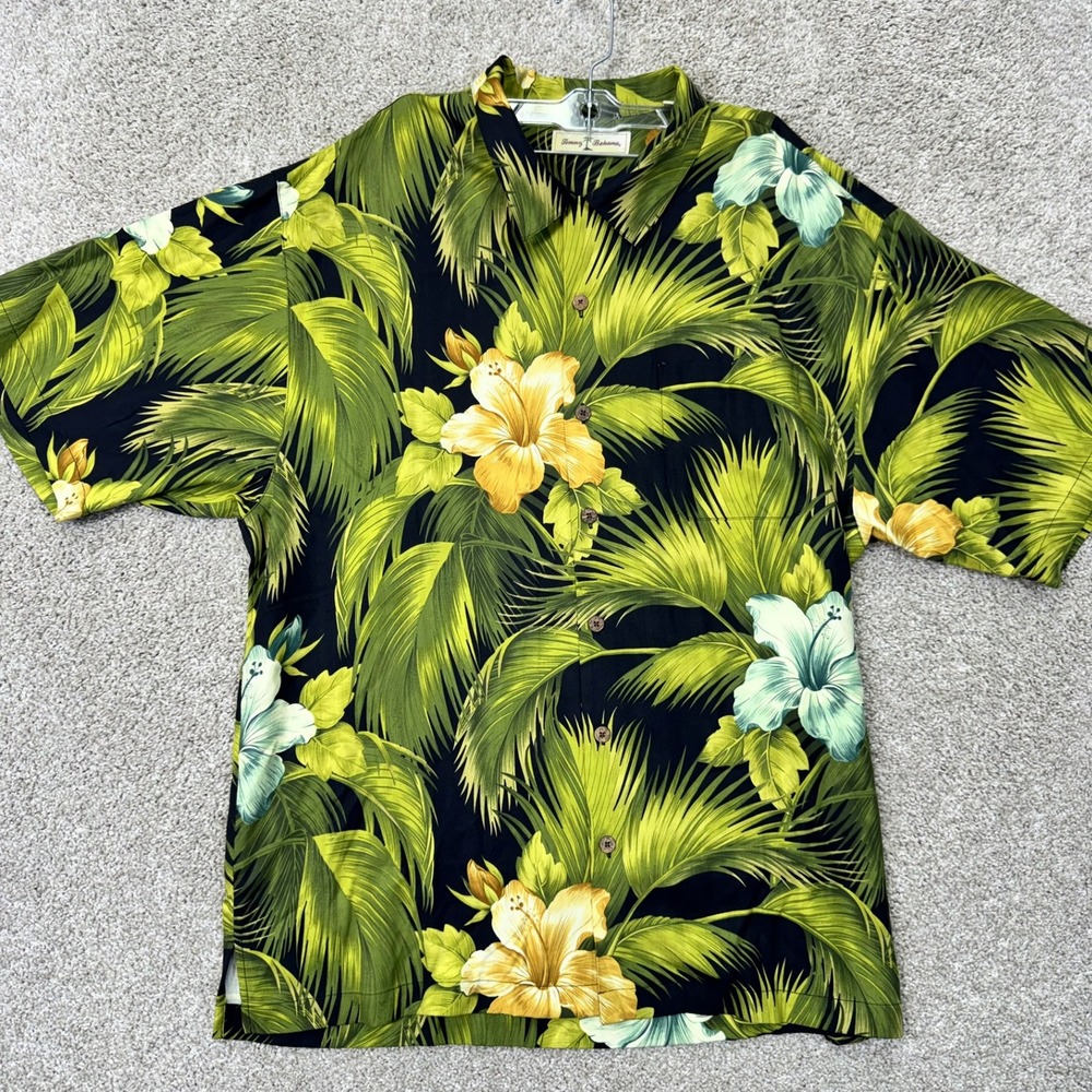 Tommy Bahama Shirt Mens XL Rum Silk Tropical Floral Palm Black Button Down EUC
